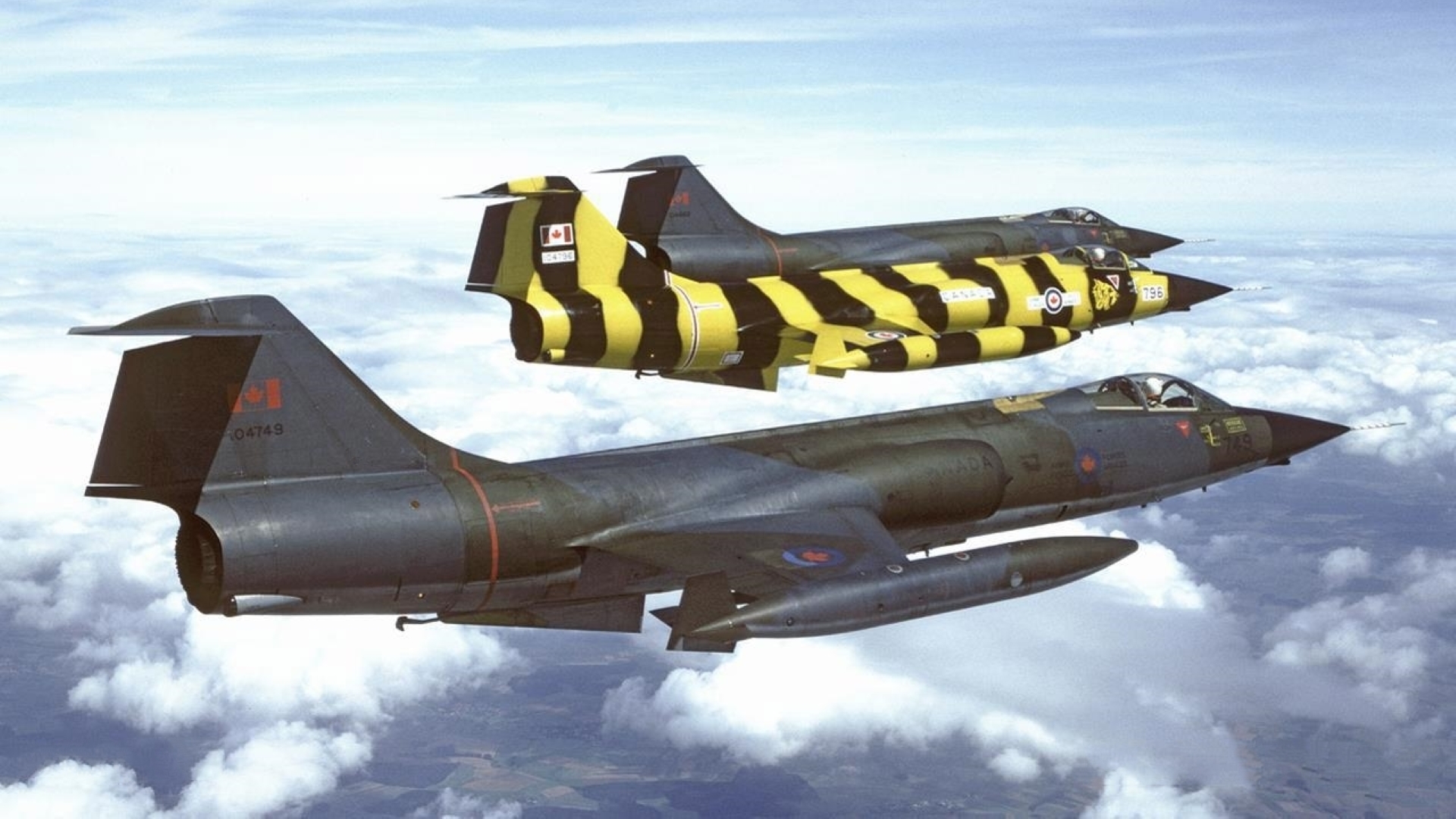 Canadian Armed Forces CF-104 3-plane formation flight over RAF Gütersloh in West Germany